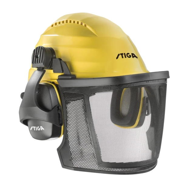 Kask ochronny z przyłbicą u słuchawkami STIGA