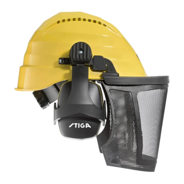 Kask ochronny z przyłbicą u słuchawkami STIGA