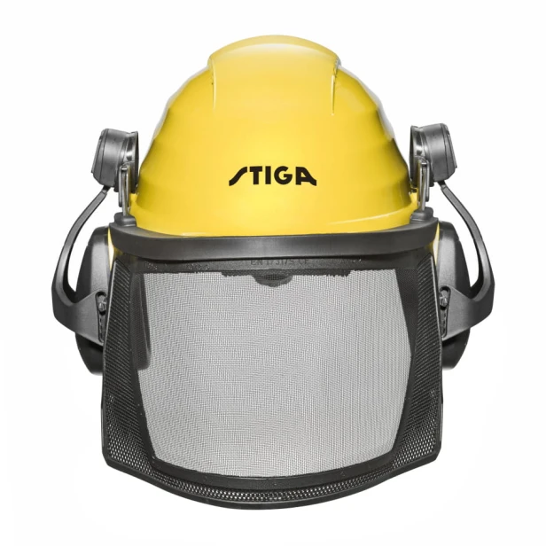 Kask ochronny z przyłbicą u słuchawkami STIGA